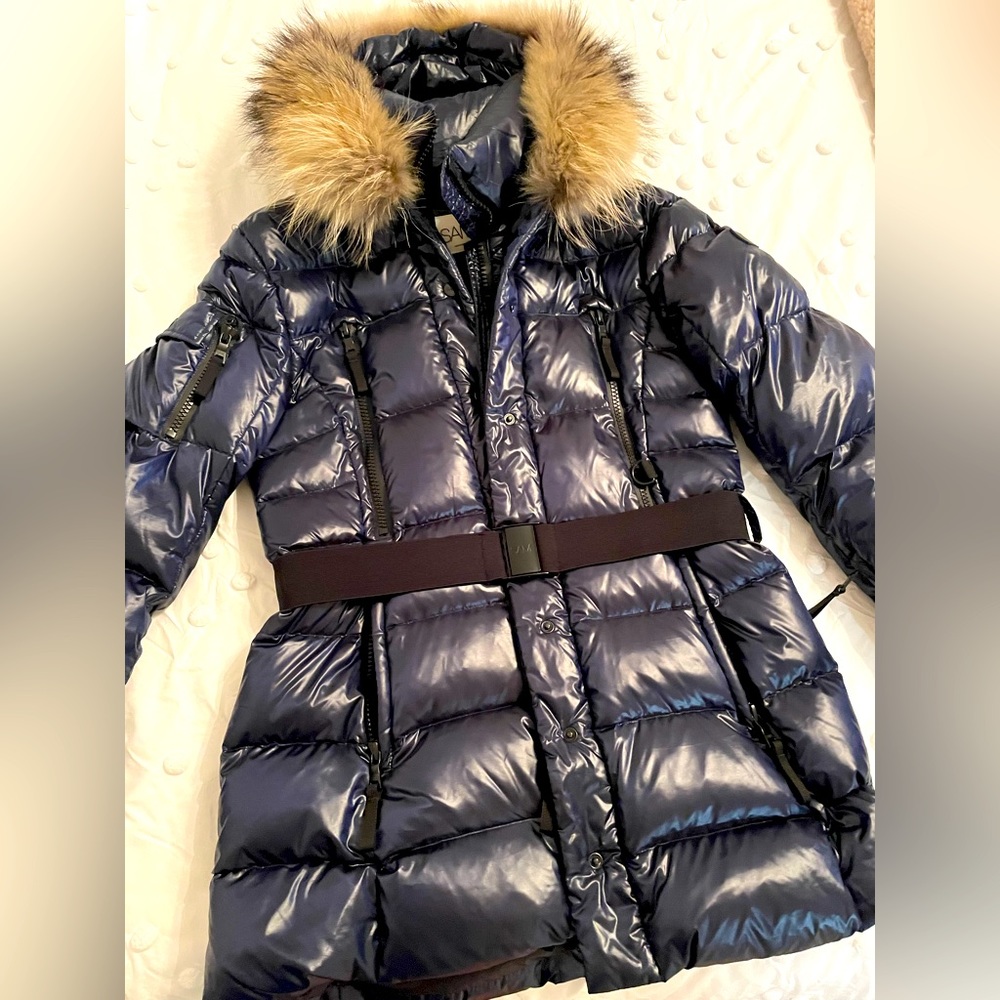 SAM. Fox Fur Trim Belted Down Coat